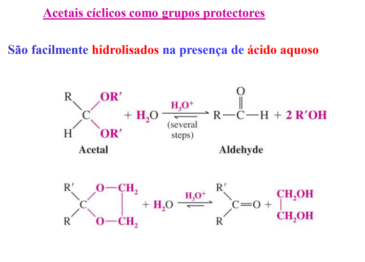 <p>acetais cíclicos como grupos protetores</p>