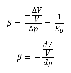<ul><li><p>△V = change in volume</p></li><li><p>V = original volume</p></li><li><p>△p = change in pressure</p></li><li><p>dV/V = change in volume (usually in percent)</p></li></ul><p></p>