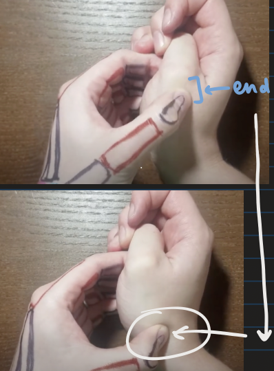 <p>start from the end of the 1st metacarpal, then slide down until you reach a divot </p>