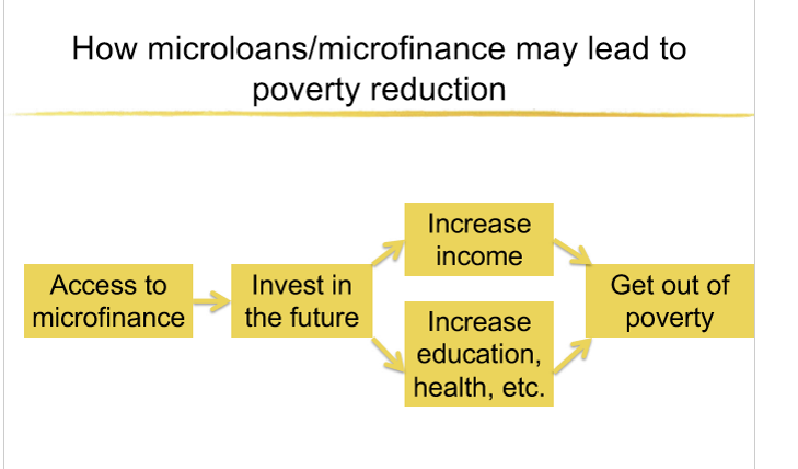 <p>small loans given to people in poverty in remote areas</p><ul><li><p>enable people to invest in their small business, increase income and family’s living standards</p></li><li><p>increasing access to other services, training</p></li></ul><p>improves meal QUALITY</p><ul><li><p>increase meat and fish consumption</p></li><li><p>improvements observed if microcredit client was FEMALE</p></li></ul><p></p>