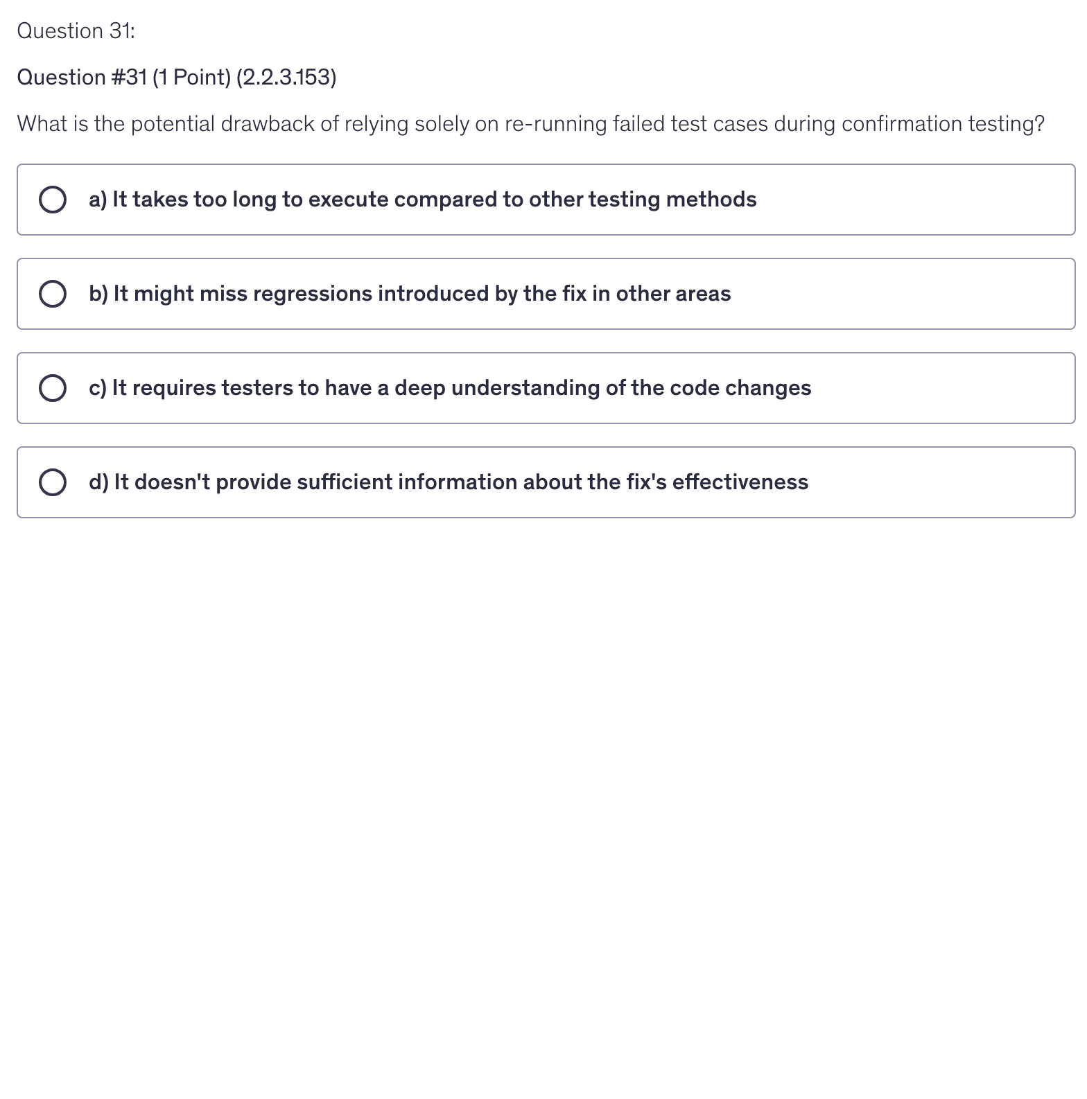 <p>What is the potential drawback of relying solely on re-running failed test cases during confirmation testing?</p>