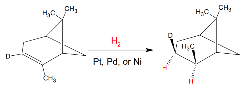 <p>same stereochemistry, adds 2 Hydrogens to where the double bond was</p>