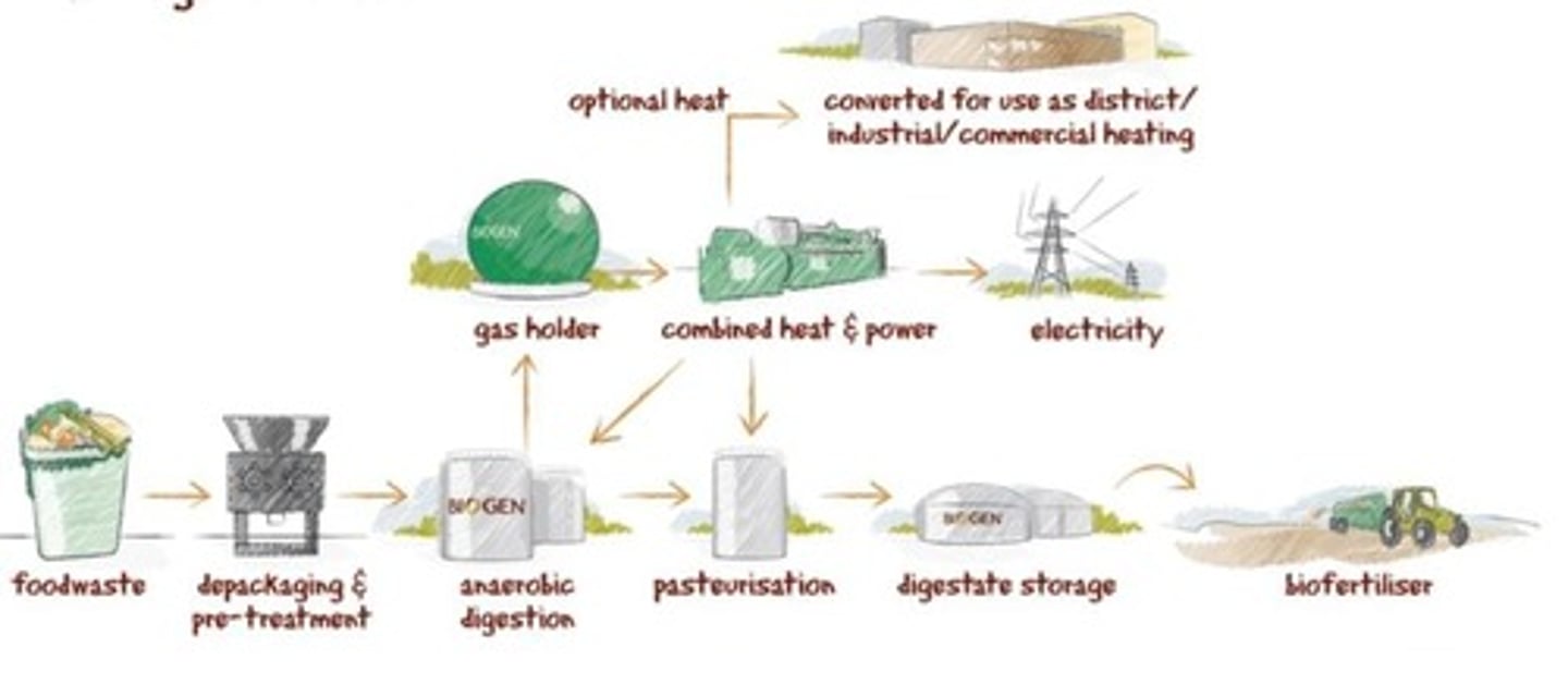 <p>A waste management process that breaks down organic material without oxygen to produce energy.</p>