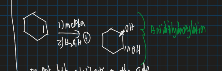 <ul><li><p>Formation of 2 hydroxy groups using mcpba, water and an acid</p></li></ul><p></p>
