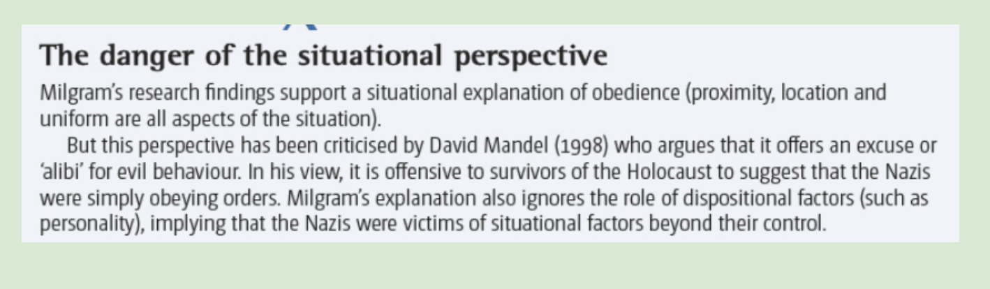 <ul><li><p><span>The theory ignores the role of personality (nurture)</span></p></li><li><p><span>This hugely oversimplifies examples of obedient behaviour and perhaps suggest that extreme situational factors can determine obedience.</span></p></li></ul><p></p>