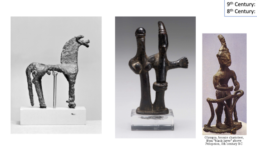<p><span style="background-color: transparent; font-family: "EB Garamond", serif;"><span> animal figurines dedicated at Olympia, this is evidence of cult activity going back to the 12th century. Earlier farms, perhaps agricultural festival, charioteer, early modeling of Zeus and Hera horse. The increase in figurines- mass increase of people visiting the site. Repurposed in the 8th century into a borade Pan Hellenic site ( a holy space)</span></span></p>