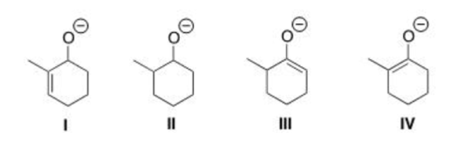 <p>Which is the thermodynamic enolate of 2-methylcyclohexanone?</p><p>A. I</p><p>B. II</p><p>C. III</p><p>D. IV</p>