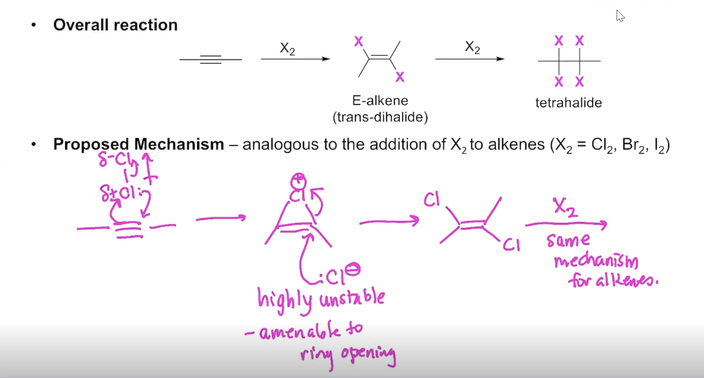 <p>Proposed mechanism: analogous to the addition of X2 to alkenes (X<sub>2</sub>=Cl<sub>2</sub>, Br<sub>2</sub>,I<sub>2</sub>)</p>