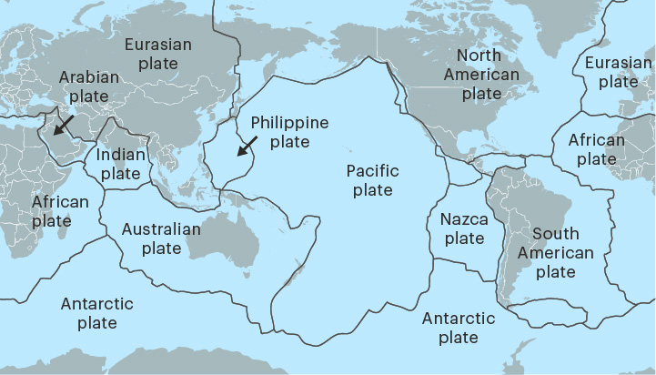 <p>A section of the crust and upper mantle</p><p>The movements of tectonic plates cause most earthquakes and volcanic eruptions.</p>