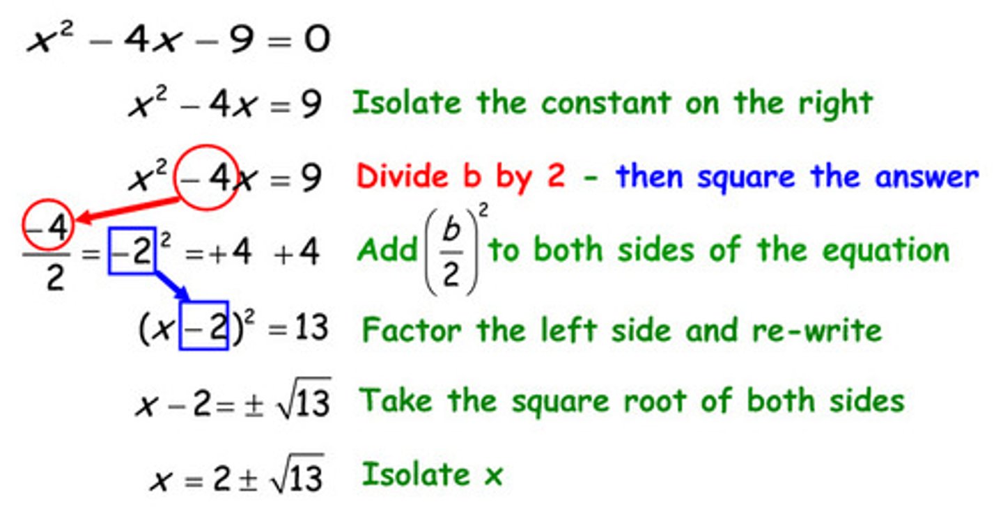 <p>using a trinomial in standard form:</p><p>1. subtract c</p><p>2. divide by a on both sides</p><p>3. add the square of 1/2 the coefficient of x</p><p>4. write the left hand side as a perfect square</p><p>5. solve using the square root property</p>