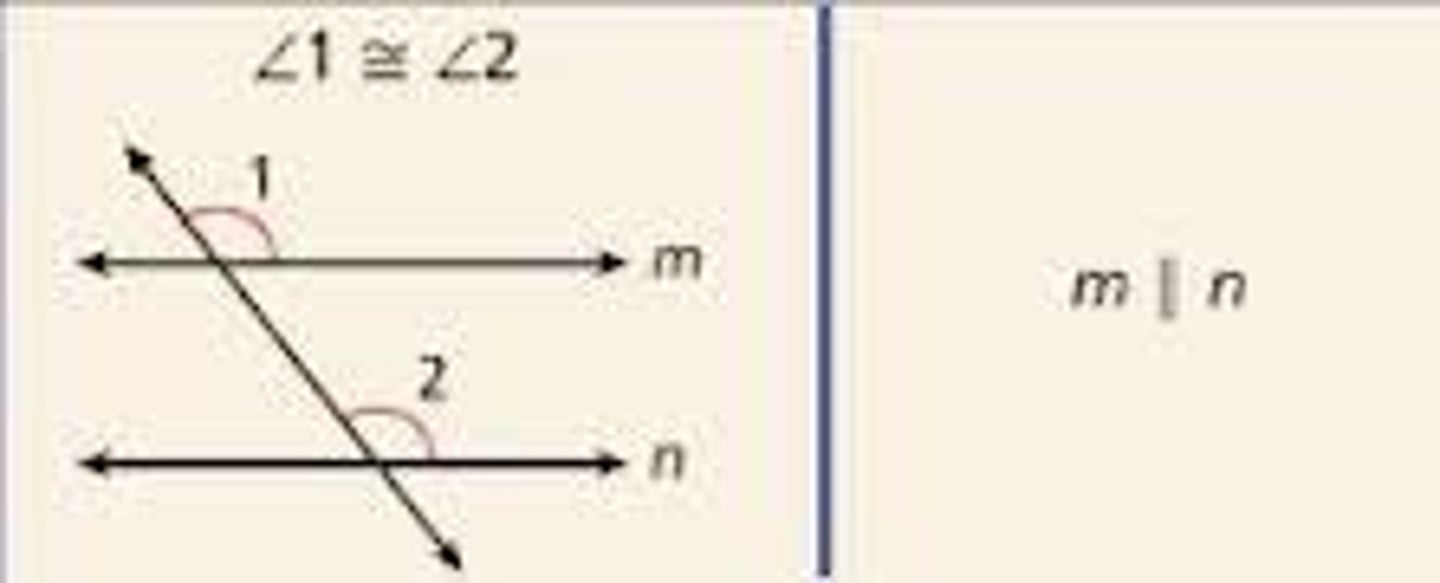 <p>If two lines are cut by a transversal so that<strong> corresponding angles are congruent, then the lines are parallel.</strong></p>