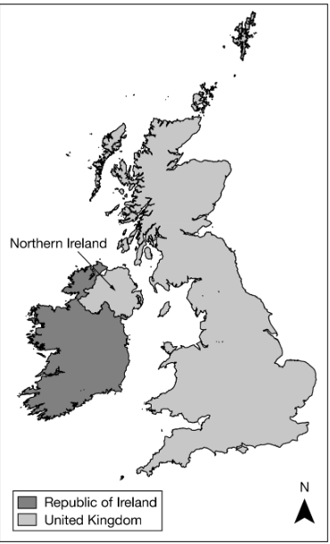 <p>Analyze map of Northern Ireland</p><p>A. <span>It is united with the rest of the island to form a sovereign nation-state.</span></p><p>B. <span>It forms its own sovereign nation-state predominately made up of the Irish ethnic group.</span></p><p>C.  It is a frontier that is not formally part of a state, but the United Kingdom claims the area.</p><p>D. <span>It is physically separate from the rest of the United Kingdom, a multinational state.</span></p><p>E. <span>It is a stateless nation, as the entire island of Ireland is under the control of the United Kingdom.</span></p>