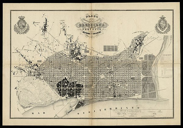 <p>Barcelona – plán rozšíření města (Eixample)</p><ul><li><p>pravidelná <strong>mřížková síť ulic</strong> → jednoduchá orientace a doprava</p></li><li><p>důraz na <strong>hygienu, světlo a větrání</strong></p></li><li><p>každý blok měl <strong>prostory pro bydlení, zeleň a infrastrukturu</strong></p></li></ul><p></p>