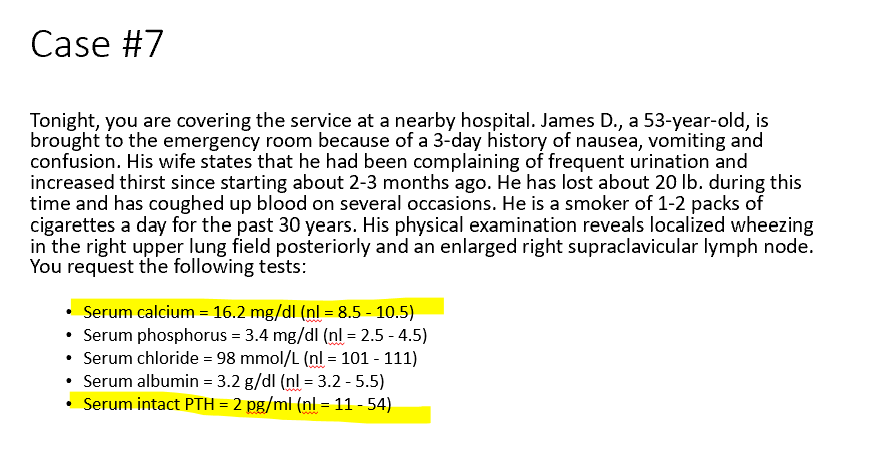 <p>Why does this pt have hypercalcemia?</p><ul><li><p>_ related to malignancy</p></li></ul><p>Why are the PTH levels 2?</p><ul><li><p>PTH is low because _ is high!</p></li></ul><p></p>