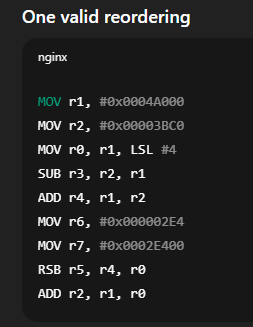 <p>The interlock is caused by the dependence between instructions 3 and 6 on <code>r0</code>.<br>This can be eliminated by <strong>moving independent instructions between them</strong>, without changing program behaviour.<br><br>The two <code>MOV</code> instructions (to <code>r6</code> and <code>r7</code>) do not depend on <code>r0</code> or <code>r4</code> and allow sufficient time for <code>r0</code> to be written back, eliminating the interlock.<br></p>