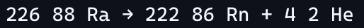 <p>since we know that alpha radiation releases two protons and two neutrons that must be the atomic number is 2 and the atomic mass is 4, so we do 88-2 and 226-4 to balance it</p>