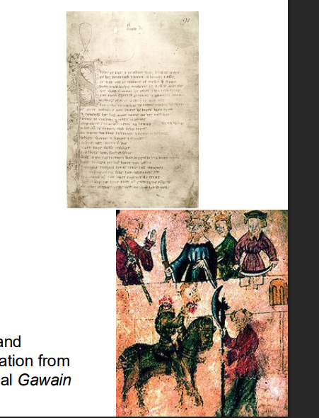 <p>➢ anonymous middle English romance; author probably came from Midlands </p><p>➢ deals with matter of Britain: partly set at the court of mythical King Arthur </p><p>➢ ambivalent exploration of the idea and practice of chivalry</p><p></p><p></p><p>‘I am at your command, to kiss when you like;<br> you may lip when you will, and leave when you wish <br>in a space.’ <br>The lady bends her adown<br> and sweetly she kisses his face; <br>much speech they there expound <br>of love, its grief and grace. </p><p>[…] <br>‘I am at your comaundement, to kysse quen yow lykez, <br>Ȝe may lach quen yow lyst, and leue quen yow þynkkez, <br>in space.<br>' Þe lady loutez adoun, <br>And comlyly kysses his face, <br>Much speche þay þer expoun <br>Of druryes greme and grace.</p><p>→powerful, confident woman!</p>