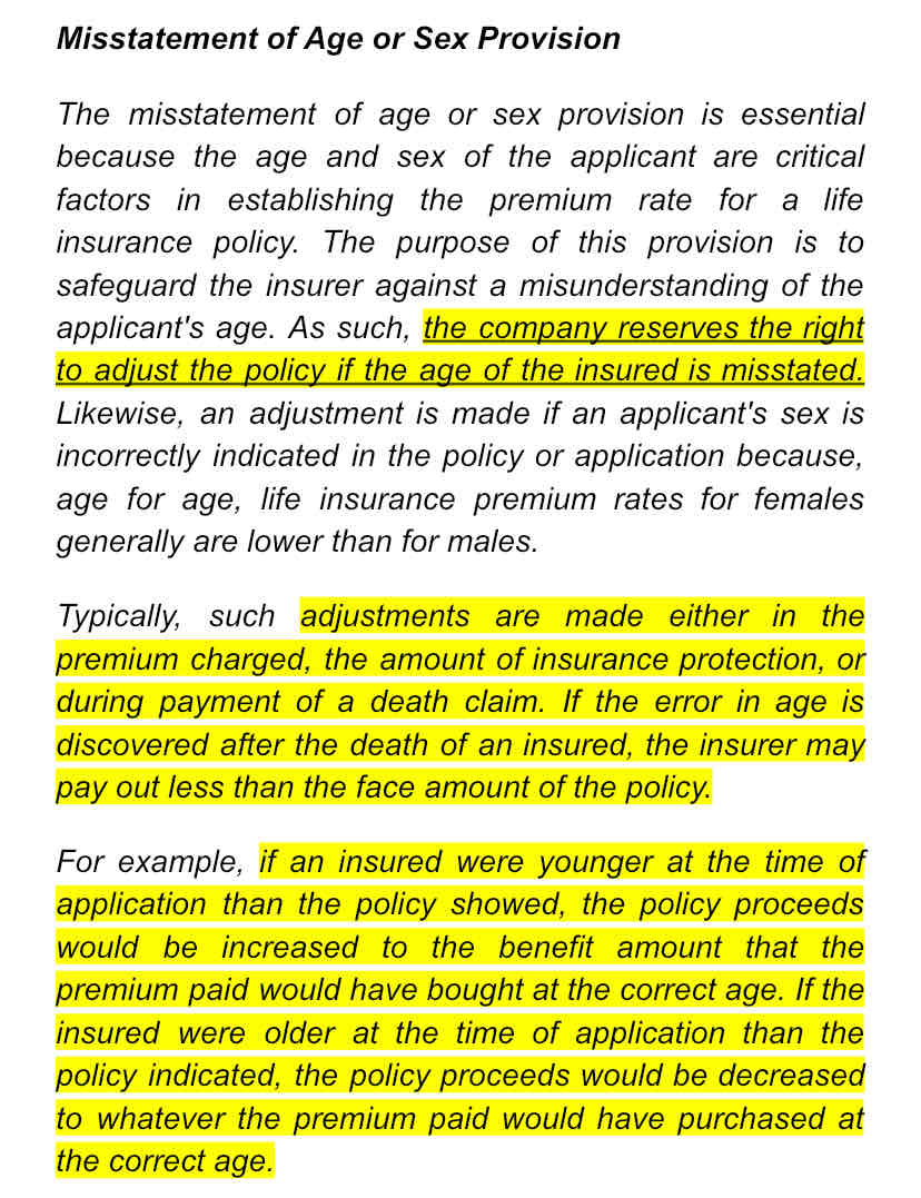 <p>What is an insurer required to do when faced with an error made under the Misstatement of Age provision?</p><ul><li><p>Cancel the policy</p></li><li><p>Pay age-corrected benefits</p></li><li><p>Pay full benefits as stated in the policy</p></li><li><p>﻿﻿Bill the policyowner for back premiums</p></li></ul>