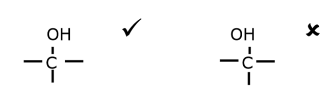 <p>bond from the carbon connects to the oxygen atom no the hydrogen atom</p>
