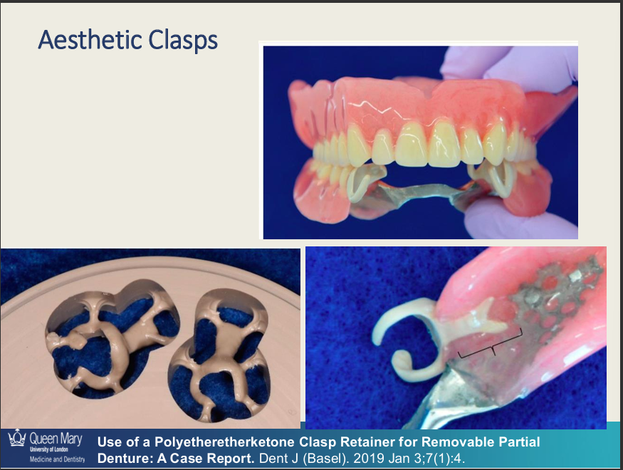 <ul><li><p>tooth coloured - improved aesthetic&nbsp;</p></li><li><p>Flexible - engage deeper undercuts</p></li><li><p>Biocompatible - metal-free</p></li><li><p>can be used with metal or acrylic frameworks</p></li></ul><p></p>