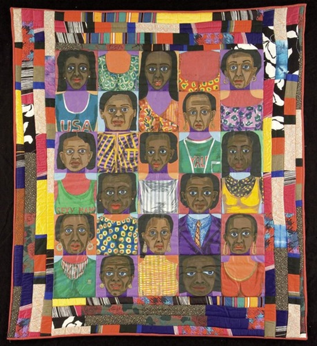 <p>Features a grid of Black faces, blending portraiture with African mask traditions.</p>