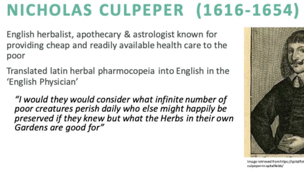 <p>Nicholas Culpeper was a 17th-century English herbalist and physician known for his book "The English Physician," which made herbal remedies accessible to the public by translating complex medical knowledge into vernacular English. He advocated for the use of common herbs and their therapeutic properties. </p>