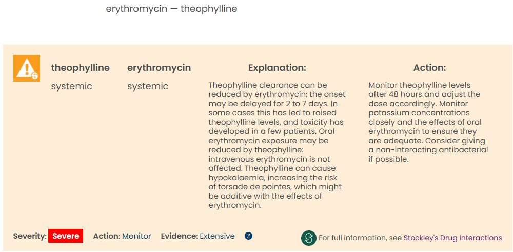 <p><span>Erythromycin will </span><strong><mark data-color="red" style="background-color: red; color: inherit;"><span>increase</span></mark><span> </span></strong><span>the plasma concentration of theophylline.</span></p><p><span>—</span></p><p><span>Theophylline is a high-risk drug - look into it's therapeutic range</span></p><p><span>Plasma levels of 10-20 mg/L (55-110 micromol/L) achieve bronchodilation; lower (5-15 mg/L) may suffice in some. Toxicity risk rises >20 mg/L; adverse effects possible even at 10-20 mg/L.</span></p>