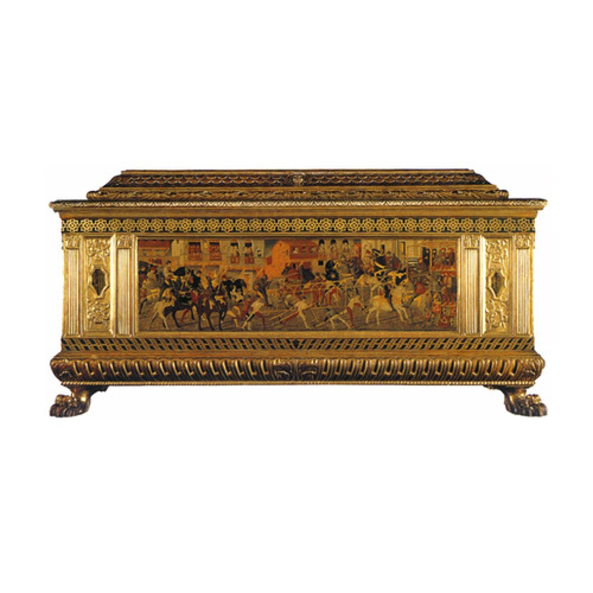 <p>a chest or coffer with a hinged lid, in Italy; large ones for clothing typically were part of a bride's dowry and features elaborate decoration</p>