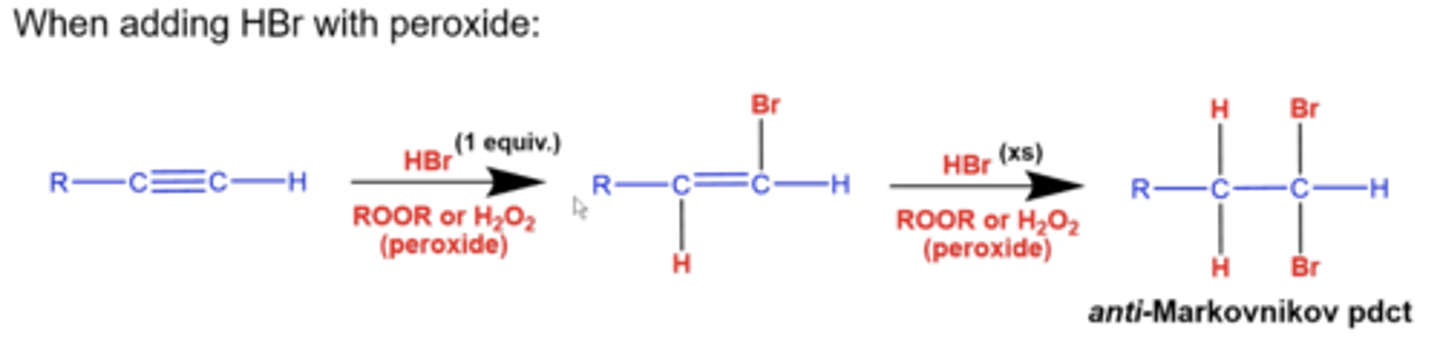 <p>you will form the anti-markovnikov product</p><p>-Br will add to the less substituted carbon and H will add to the more substituted carbon to form an alkane</p>