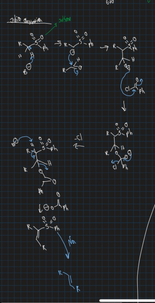 <ul><li><p>Variation of wittig reaction used to form a double bond</p></li><li><p>Use sulfone, base, aldehyde and phenylacetyl chloride</p></li></ul><p></p>