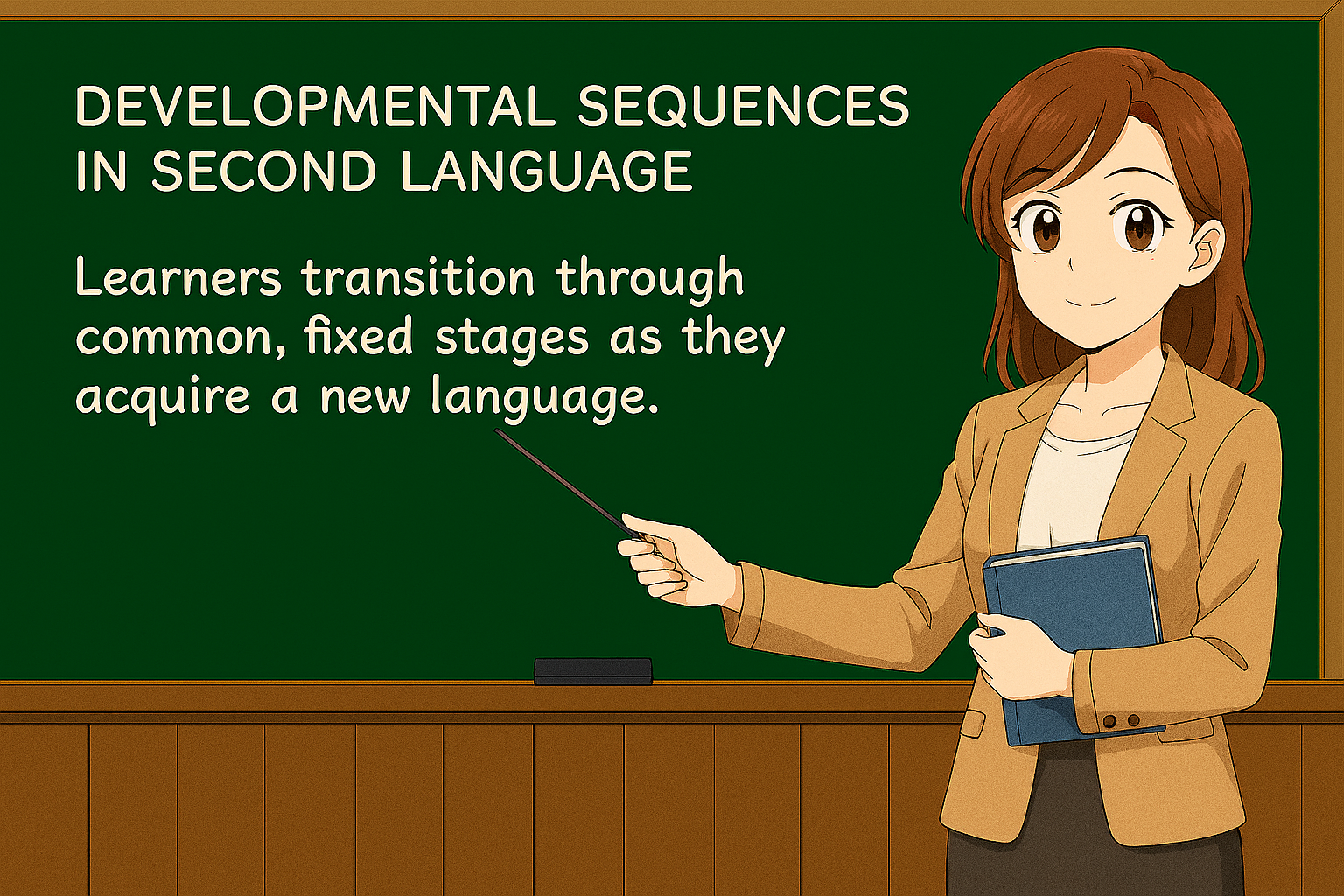 <ul><li><p>Learners acquire certain grammatical features in predictable orders.</p></li><li><p>Examples: stages of negation, question formation, possessive determiners.</p></li><li><p>Similar patterns found across learners regardless of L1.</p></li></ul><p></p>