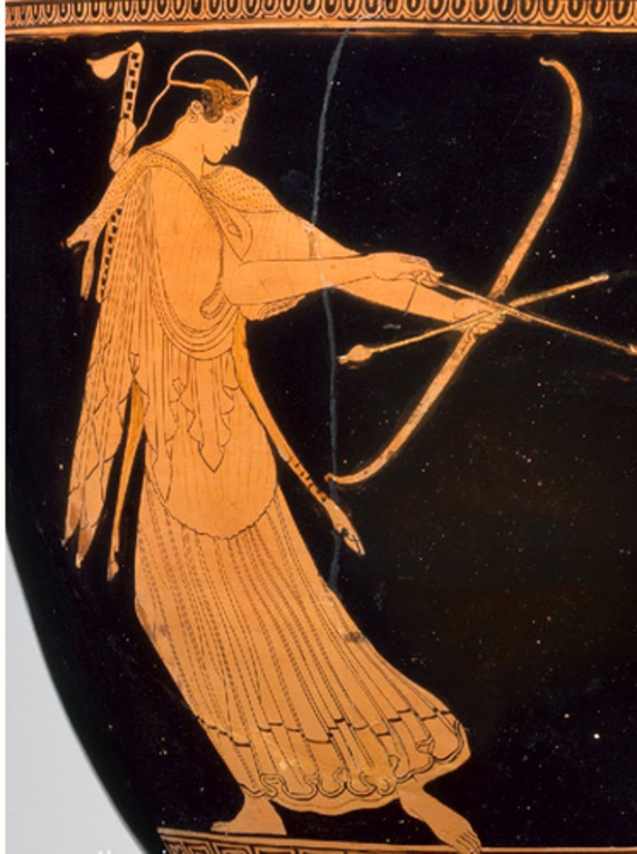 <p>Shown with a bow and arrow, shown with wild animals</p>
