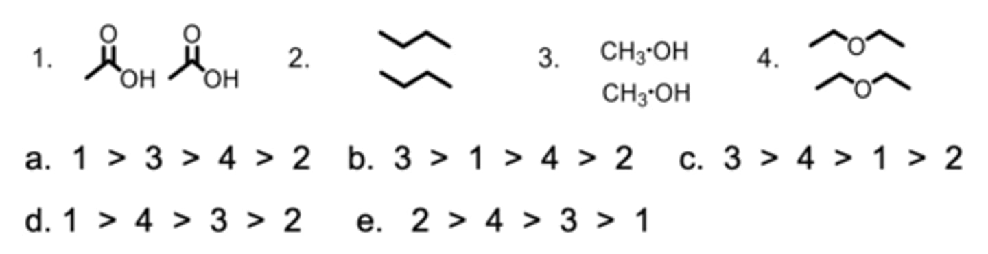 <p>Rank the strength of the interactions between the molecules from the highest to lowest.</p>