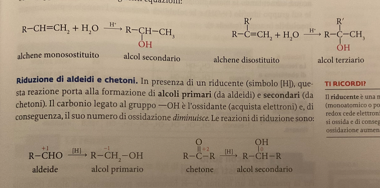 <p>idratazione degli alcheni e riduzione di aldeidi e chetoni.</p><p>l’idratazione rompe il doppio legame e aggiunge uno ione H+. porta alla sintesi di un alcol secondario o terziario </p><p>la riduzione porta alla formazione di alcoli primari e secondari </p>