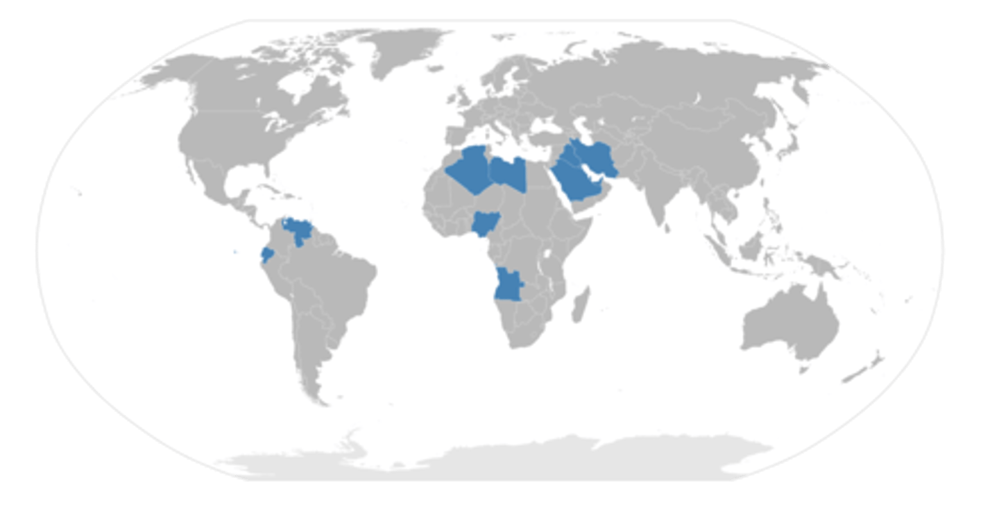<p>an economic union of oil producing countries that coordinates and unifies the policies of member countries to ensure the stabilization of oil markets in order to secure an efficient supply of oil (Saudi Arabia, U.A.E., Iran, Iraq, Kuwait, Libya, Nigeria, Venezuela, Gabon, Ecuador, Angola, Algeria, Congo, Equatorial Guinea)</p>