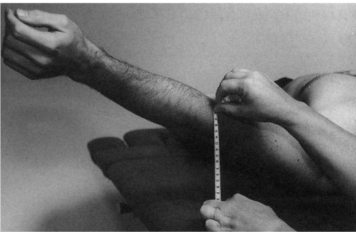<p>Position: Supine, shoulder abducted to 90° and externally rotated (thumb out)</p><p>Measure the distance between the lateral epicondyle of the humerus and the support surface. </p>