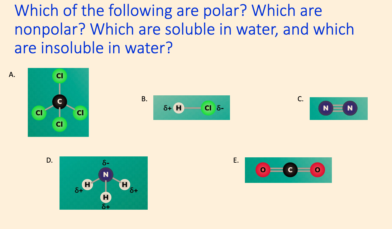 Which of the following are polar? Which are
nonpolar? Which are soluble in water, and which
are insoluble in water?