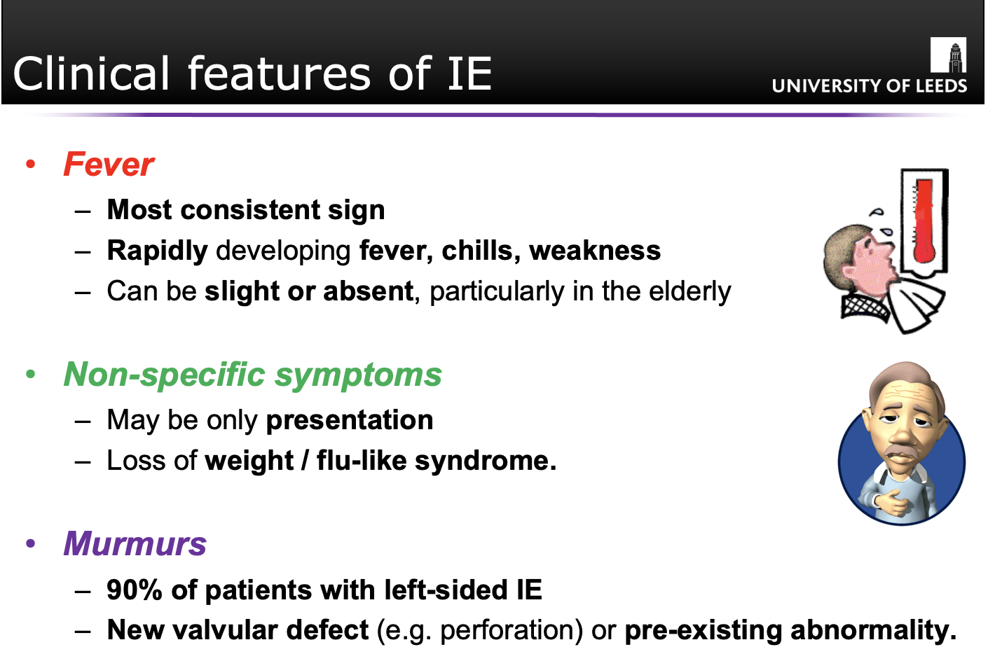 <ul><li><p class="Paragraph WhiteSpaceCollapse SCXP241759396 BCX4" style="text-align: left;"><span style="line-height: 0px;"><strong><u>New heart murmur + fever = infective endocarditis!​</u></strong></span></p></li><li><p class="Paragraph WhiteSpaceCollapse SCXP241759396 BCX4" style="text-align: left;"><span style="line-height: 0px;"><strong>Until proven otherwise</strong>​</span></p></li><li><p class="Paragraph WhiteSpaceCollapse SCXP241759396 BCX4" style="text-align: left;"></p></li><li><p class="Paragraph WhiteSpaceCollapse SCXP241759396 BCX4" style="text-align: left;"><span style="line-height: 0px;">Patients can present with <strong>acute illness</strong> and the classic features of a <strong>new/changing heart murmur and fever​</strong></span></p></li></ul><p class="Paragraph WhiteSpaceCollapse SCXP241759396 BCX4" style="text-align: left;"></p><ul><li><p class="Paragraph WhiteSpaceCollapse SCXP241759396 BCX4" style="text-align: left;"><span style="line-height: 0px;">Infective endocarditis: <strong>Diagnosed using Duke Criteria</strong></span></p></li></ul><p></p>