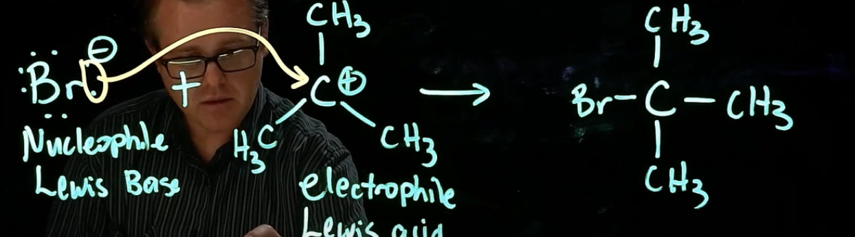 <p>nucleophile attacks carbocation (lewis base attacks lewis acid)</p>