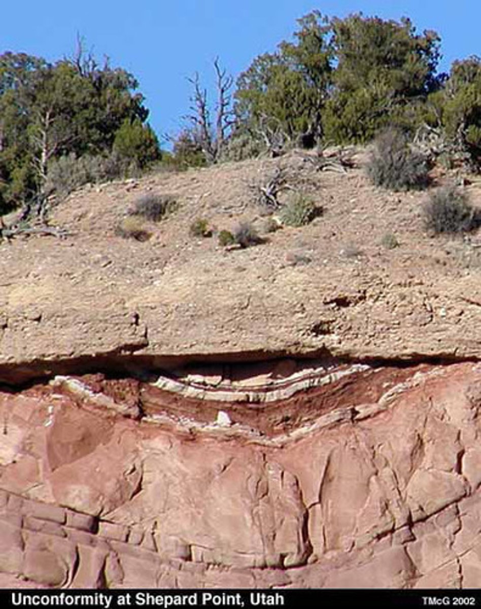 <p>break in the geologic record that is made when rock layers eroded or when sediment is not deposited for a long period of time. often due to erosion</p>