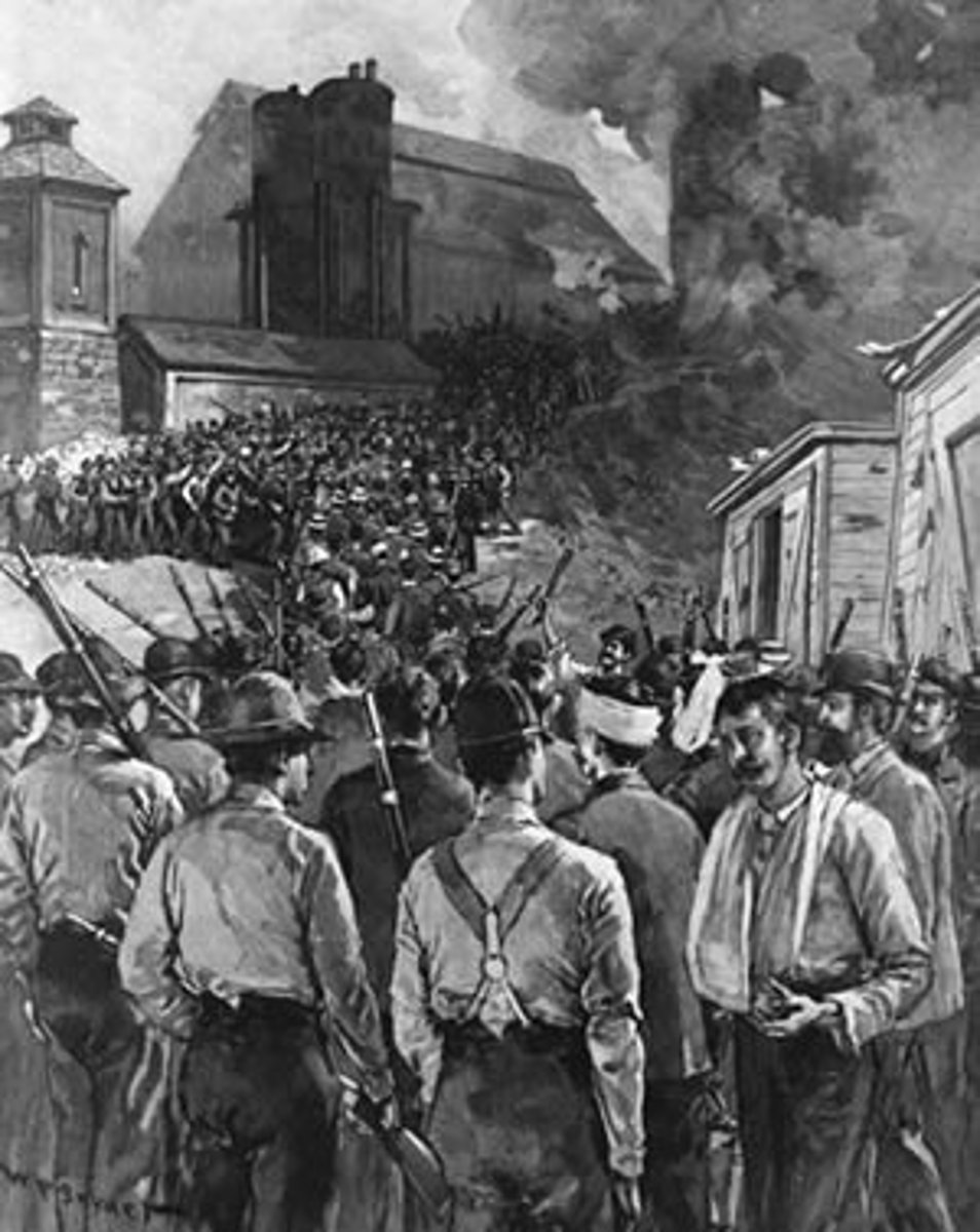 <p>Strike by steelworkers after the company's president announced plans to cut wages. Turned violent when the company tried to hire strikebreakers - state militia is called in to restore order. Continues to turn the public against labor unions.</p>