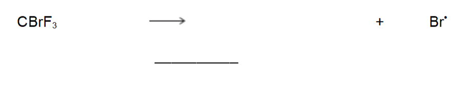 <p>Draw an appropriate displayed formula to complete the following equation to show how CBrF<sub>3</sub> may produce bromine atoms in the upper atmosphere</p>