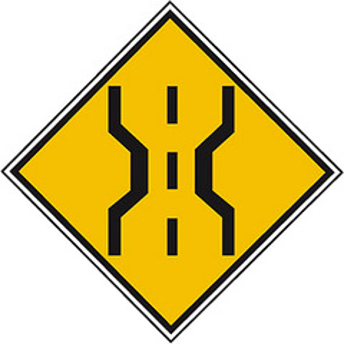 <p>It is a yellow diamond and shows that the bridge ahead is not as wide as the road. Slow down and use caution.</p>