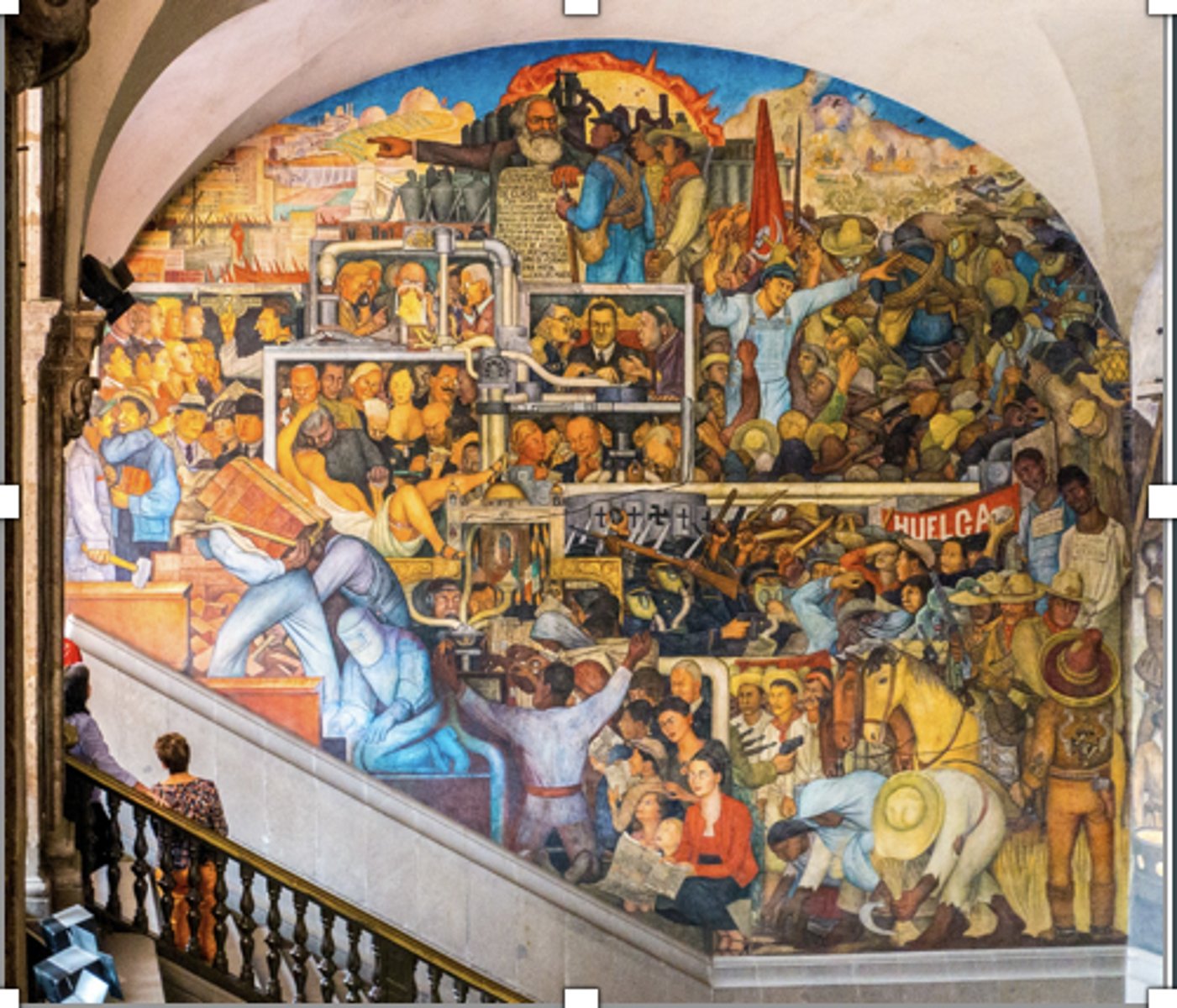 <p>a) Rivera's mural inspired FDR'S WPA public arts project, started in 1935 (to 1943)<br>b) •"Integrate the fine with the practical arts, more especially, the arts in general with the daily life of the community."<br>c) Did a tour of Europe's Christian murals before returning to Mexico to commence working on these government commissioned murals<br>d) Similar to the narrative style of Giotto<br>e) Canonical Marxism- the workers are heroes, the idea of communism,socialism leading people out of their oppression</p>