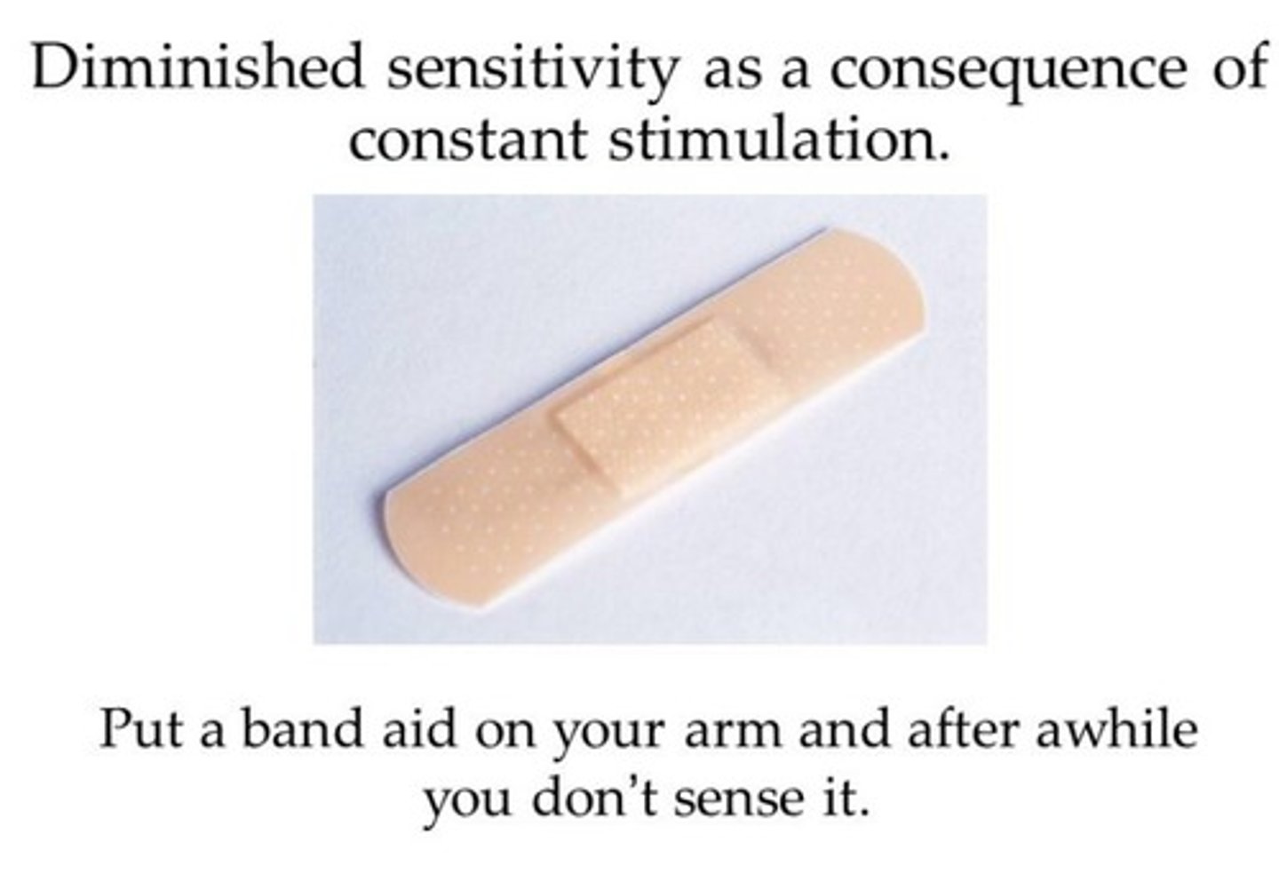 <p>Tendency of sensory receptor cells to become less responsive to a stimulus that is unchanging</p>