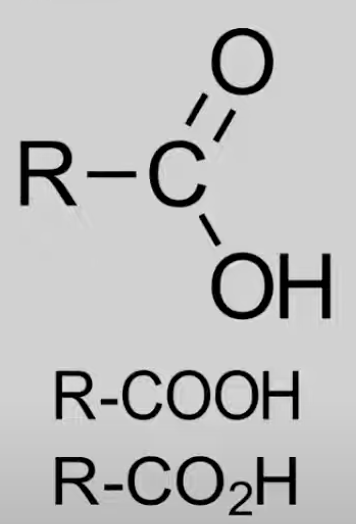 <p>Contain COOH (carboxy) group.</p><p>General formula: C<sub>n</sub>H<sub>2n</sub>O<sub>2</sub>.</p><p>Reactions: With alcohols to form esters, Reduction (HL only).</p>