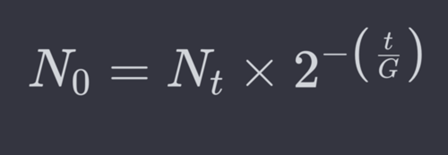 <p>N0 = Initial number</p><p>Nt = Final number</p><p>t = Time elapsed</p><p>G = Generation time</p>