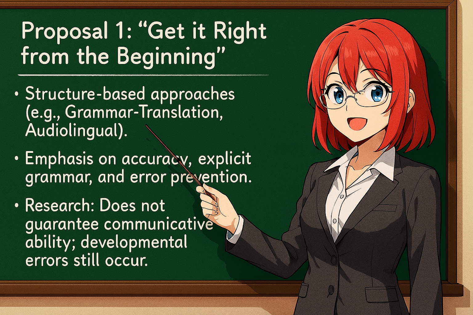 <ul><li><p>Structure‑based approaches (e.g., Grammar‑Translation, Audiolingual).</p></li><li><p>Emphasis on accuracy, explicit grammar, and error prevention.</p></li><li><p>Research: Does not guarantee communicative ability; developmental errors still occur.</p></li></ul><p></p>