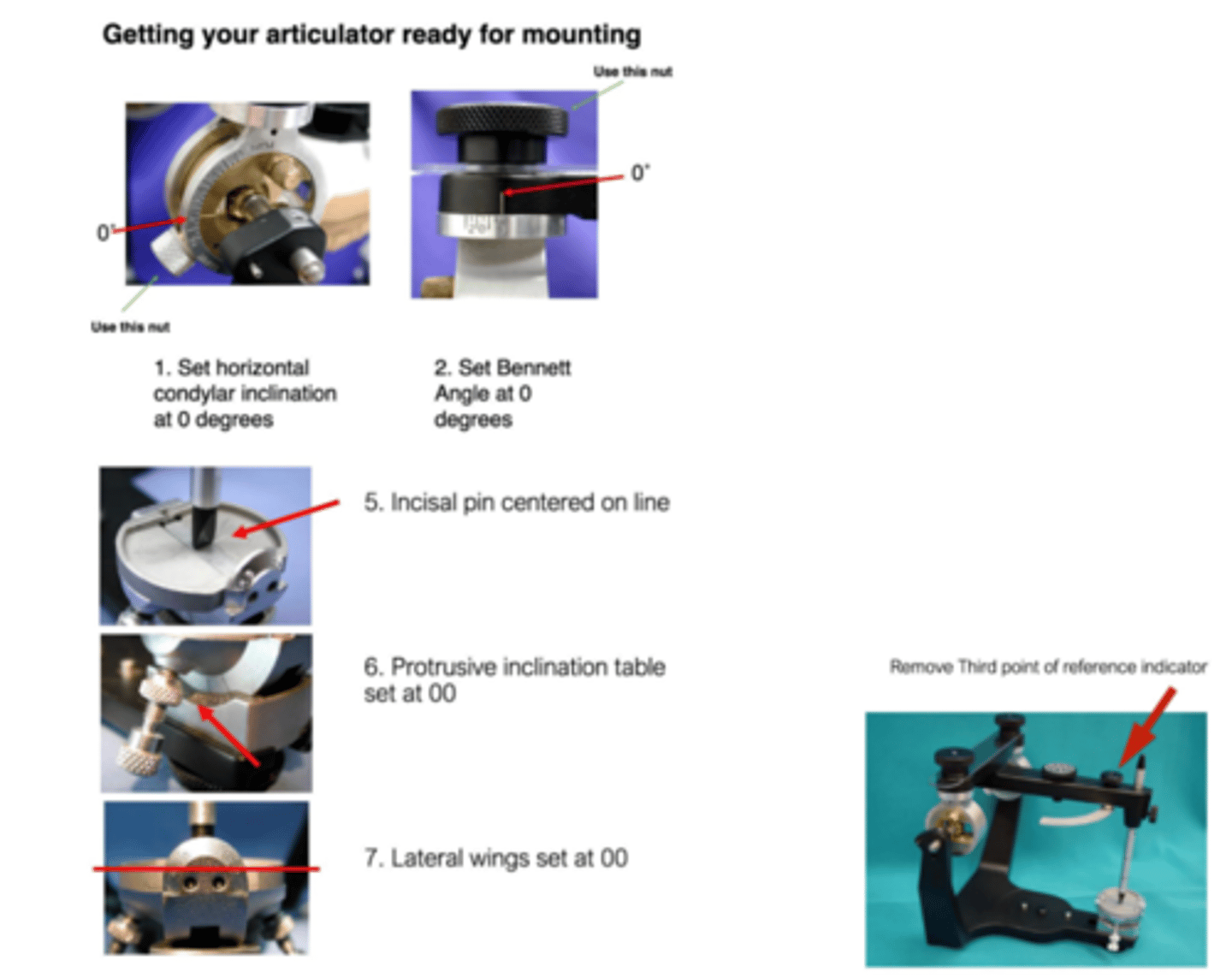 <p>set horizontal condylar inclination to 0 degrees, bennet angle to 0 degrees, protrusive inclination table to 0 degrees, lateral wings to 0 degrees, incisal pin centered on the line, and remove third point of reference indicator</p>