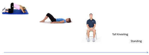 <p>elbows &amp; knees quadruped/assisted bridge→hooklying or sidelying→sitting→tall kneeling→standing</p>